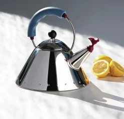 Alessi 9093 kettle, Light blue-bird Silver-colouredBlue Outlet