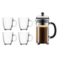 Bodum Chamtable coffee press 1 l with cups, 5 pieces Silver-colouredTransparent Clearance