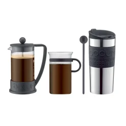Bodum Coffee set with coffee press. cup. Travel mug and spoon, Black Hot
