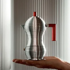 Alessi Pulcina espresso maker 3 cups, red handle RedSilver-coloured Hot