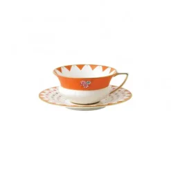 Wedgwood Wonderlust teacup with saucer, peony diamond OrangeWhite Hot